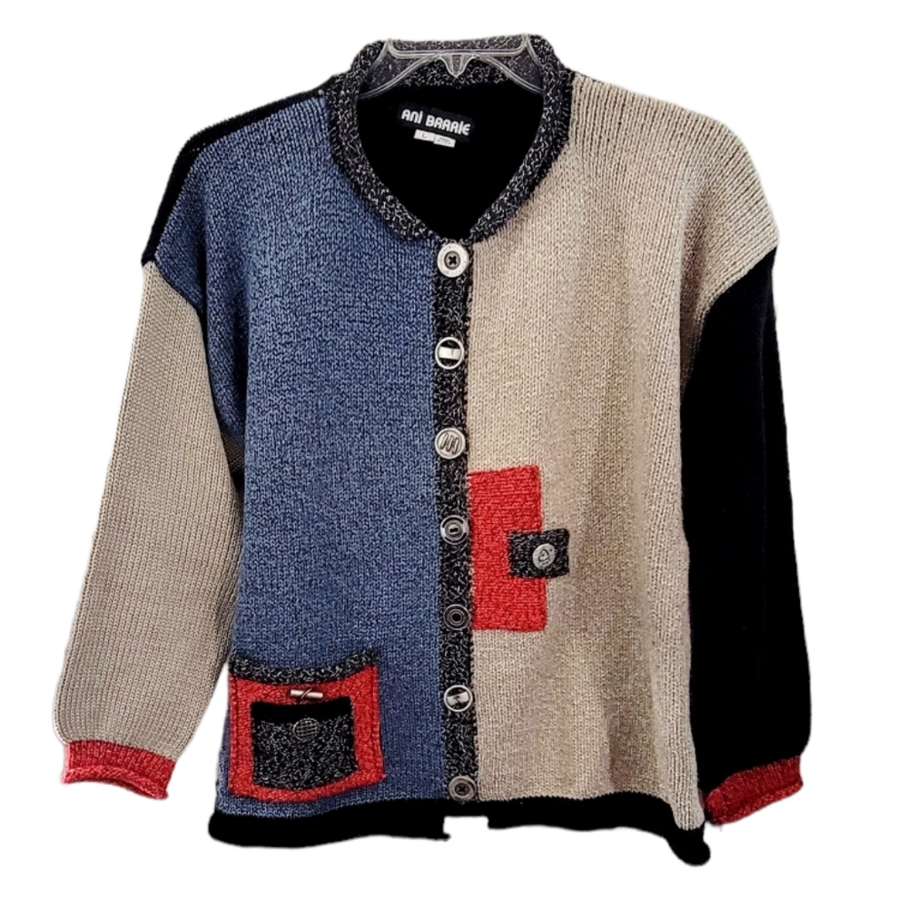 Ani Barrie Vintage Color Block Long‎ Sleeve Button Front Sweater Cardigan Size L